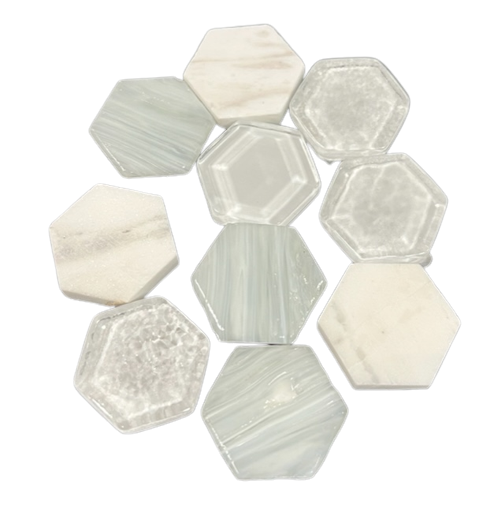 Mix hexagone pate de verre marbre et blanc, Par 100 gr 